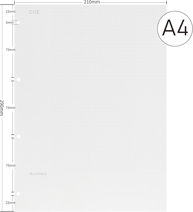 A4 Cornell Note Taking System Refill Pages - 290x210mm - 100GSM Thick Paper - 4-Hole Punch for 75mm Binders - with 5mm Grid, 135 Sheets
