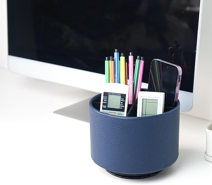 Round Leather Art Supply Organizer,Remote Control Holder,360 Degree Spinning,Multi-Functional Pencil Holder,4 Compartments Desktop Stationary Organizer(1-Lichee Blue)