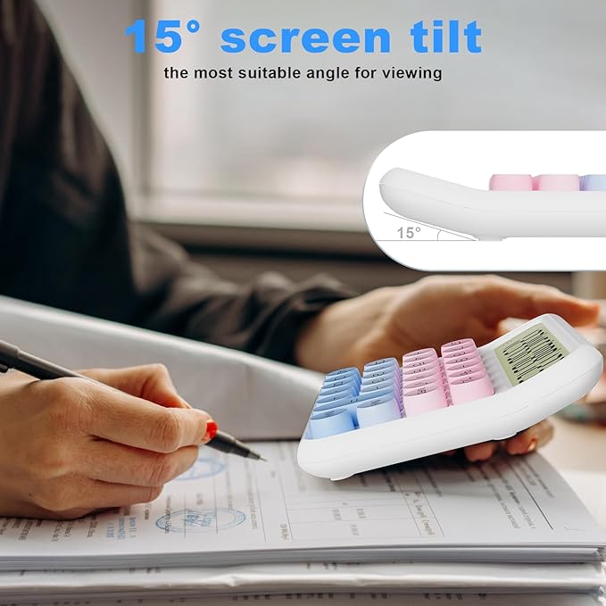 DECKLIT Battery Desk Calculator - 12 Digit Extra Large 5-Inch LCD Display, Big Buttons Easy to Press Office Calculators, 15 Tilt Screen for Kids (Blue & Pink)