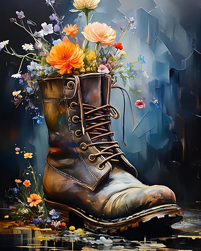 5DDIYART Boot Flowers Paint by Numbers for Adults Beginner, Paint by Number Kits on Canvas, Paint by Easy Acrylic Painting Home Wall Decor 16x20inch