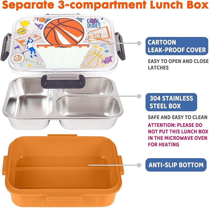Stainless Steel Bento Lunch Box for Kids, 800ml/27oz BPA-Free Leak-Proof Food Containers with 3 Compartments, Freezer & Dishwasher Safe, Back to School Students Lunches Size for Ages 3-7