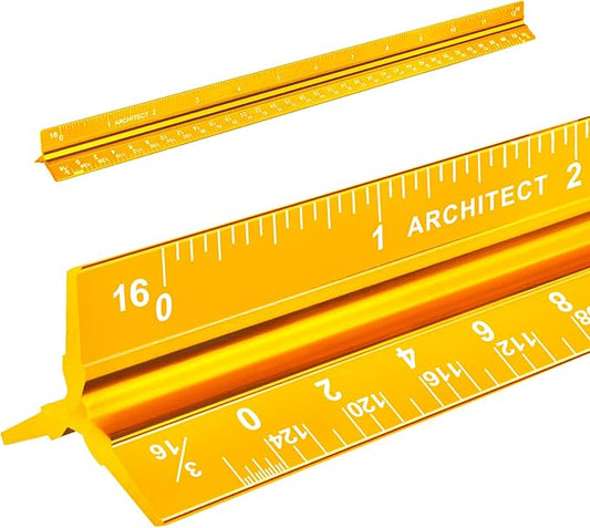 Architectural Scale Ruler, Imperial Measurements 12'', Laser-Etched Aluminum Architect Triangular Ruler Gold for Architects, Students, Draftsman, and Engineers by mveohos