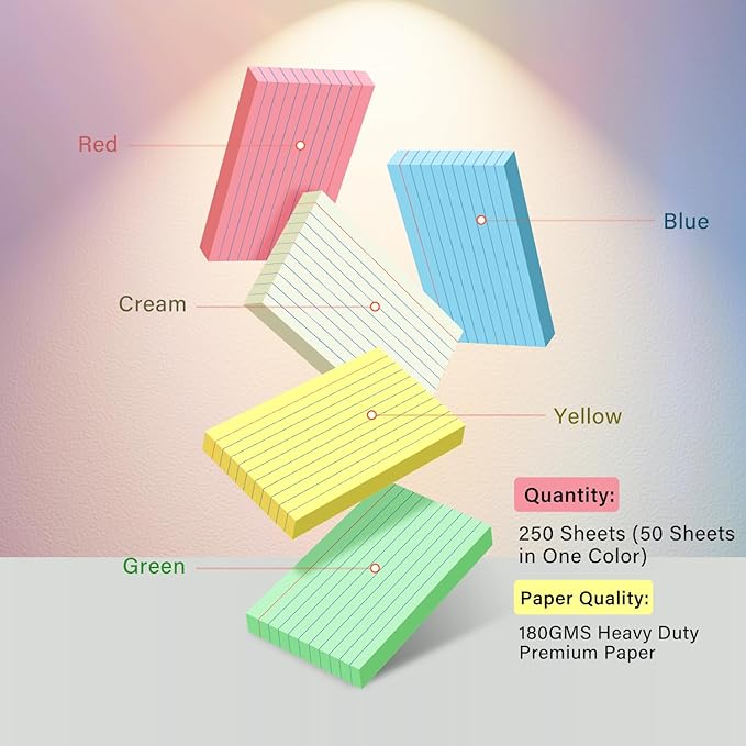 YIZUUN Colored Index Cards 3x5, 250 Pack, Ruled Index Cards, Flash Cards for Studying, Heavy Note Cards for Office, Home and School，Five Colors, Each Color Individually Wrapped, 50 Pack Per Package