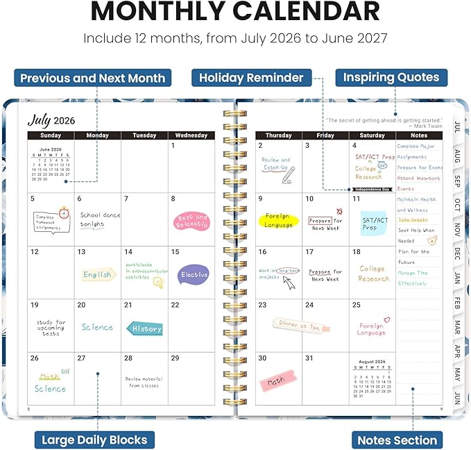 Planner 2026-2027, Monthly and Weekly Academic Planner July 2026 - June 2027, Hardcover Student Teacher Planning Agenda Calendar Book with Tabs, Perfect for Office School Supplies, A4 (8.5" x 11") - Watercolor Petal