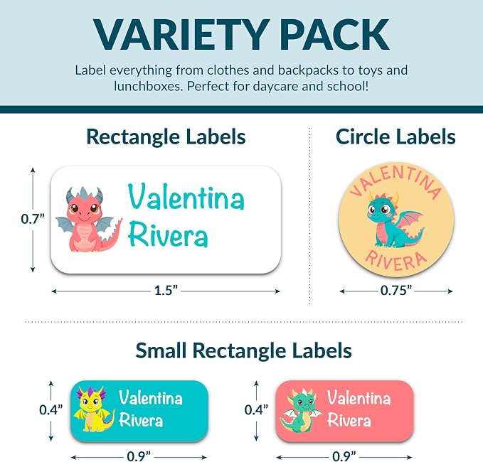 Personalized Waterproof Name Labels for Kids | Optional Packs 50, 150, 230 Labels | Custom Name Stickers for Kids' Clothing Tag, Water Bottle, Lunch Box, Customize Kid Name Label for Daycare Dragons