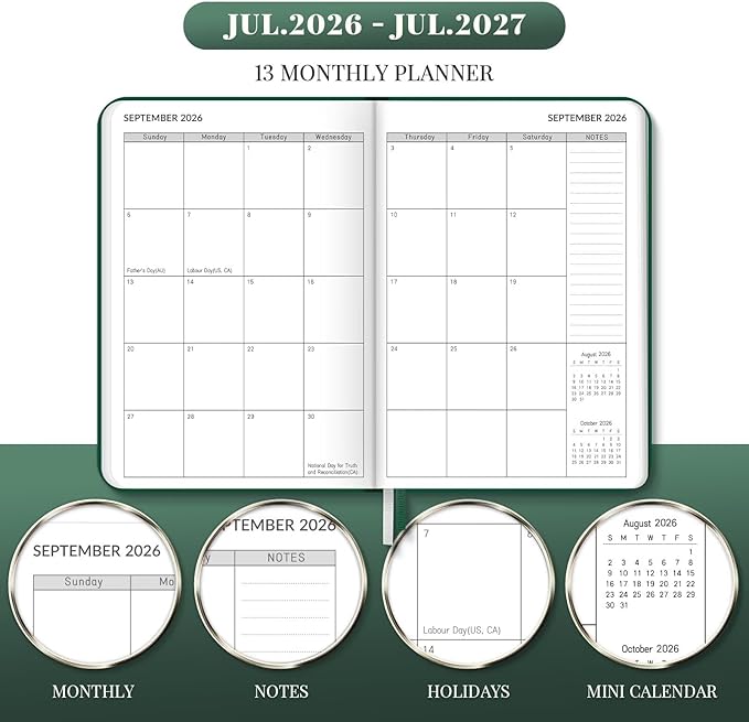 Lonely Oak Academic Planner 2026-2027, A5 Daily Weekly and Monthly Planner 5.75" x 8.4", 13 Months Faux Leather School Year Agenda from Jul.2026 to Jul.2027 for Student and Teacher (Green)