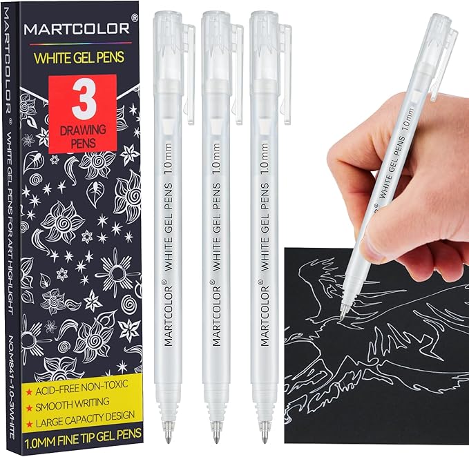 MARTCOLOR White Gel Pens, 1.0mm Fine Point Opaque Archival Ink Pen for Black Paper Drawing, Art Highlight, Illustration, Bullet Journaling, Card Making & DIY Projects, 3 Pack