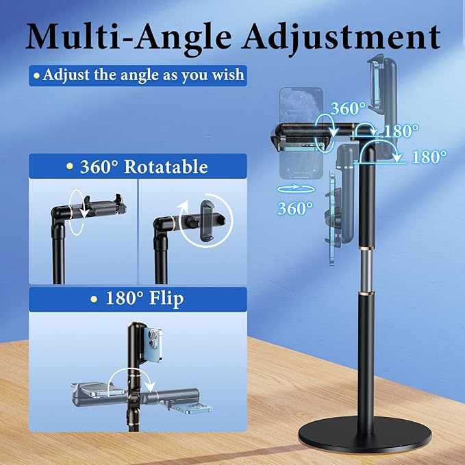 Angle Height Adjustable Phone Holder for Desk [10"-25"] - Retractable Cell Phone Holder for Video Recording Cooking Excising Working Reading -Aluminum iPhone 17 16 15 14 Pro Max Air Stand