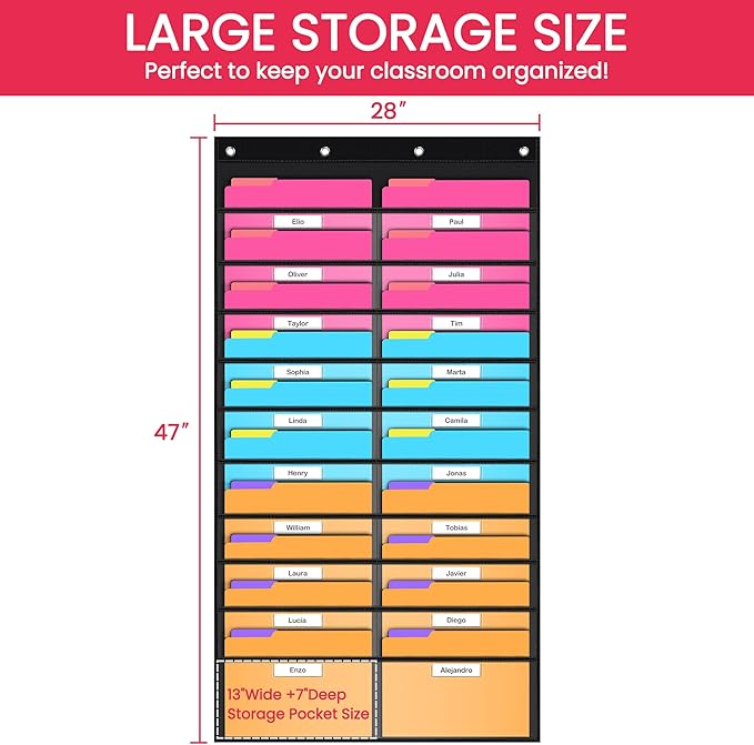 Clear Storage Pocket Chart for Classroom & Office with 20 Nametag Pockets, 4 Overdoor Hangers Included, Hanging Wall File Organizer for File Folders, Assignments, Files, Scrapbook Papers & More