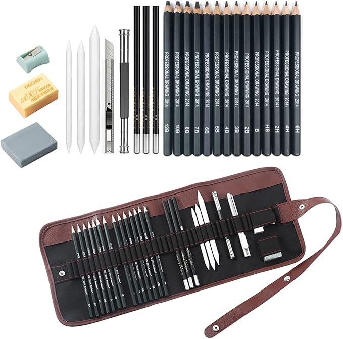 Drawing Pencils,24pcs Art kit with Graphite Pencils Sketching Pencil Set Include 12B 10B 8B 7B 6B 5B 4B 3B 2B B HB 2H 4H 6H, Charcoal Pencils.Pencil Case for Beginner Artists Adults and Children