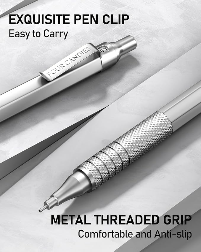 2PCS Metal Mechanical Pencil Set, 0.5mm+0.7mm, Storage Case, Black＆Silver | 360 Lead Refills, 3 Erasers, 9 Eraser Refills, Smooth Writing, Anti Grip, for Sketching, Technical Drawing, Art Projects
