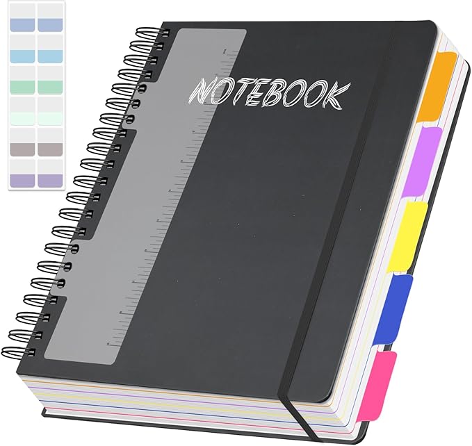 5 Subject Notebook College Ruled, 300 Pages A4 Hardcover Spiral Notebook with Removable Dividers Tabs 8.5" x 11" 100GSM Large Lined Journal Notebooks for Work School