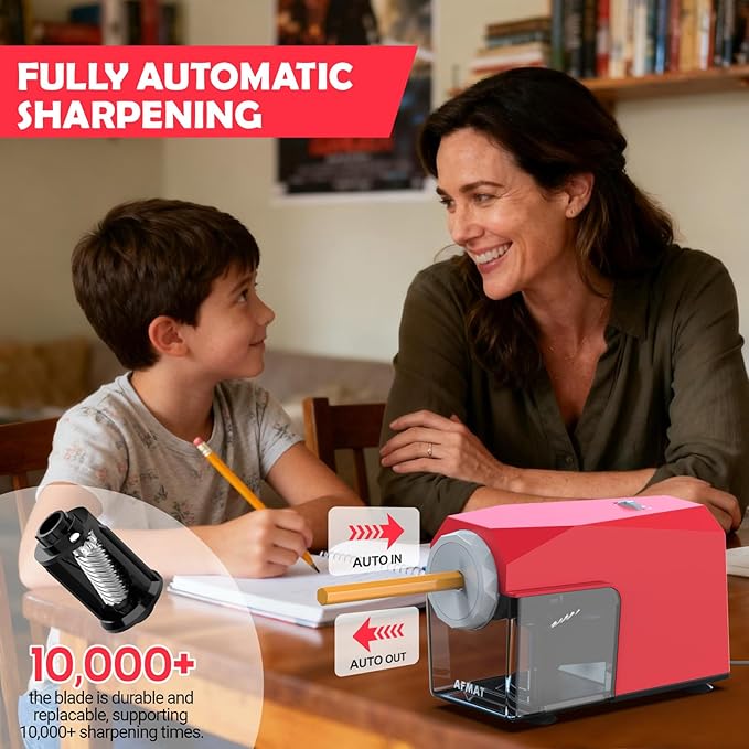AFMAT Electric Pencil Sharpener, Fast & Hands-Free, 10K+ Uses, 5 Nibs, Fully Automatic Pencil Sharpener for Classroom, Heavy Duty Sharpeners for No.2/Jumbo/Colored Pencils (φ6.5-10.5mm) US Plug(120V)