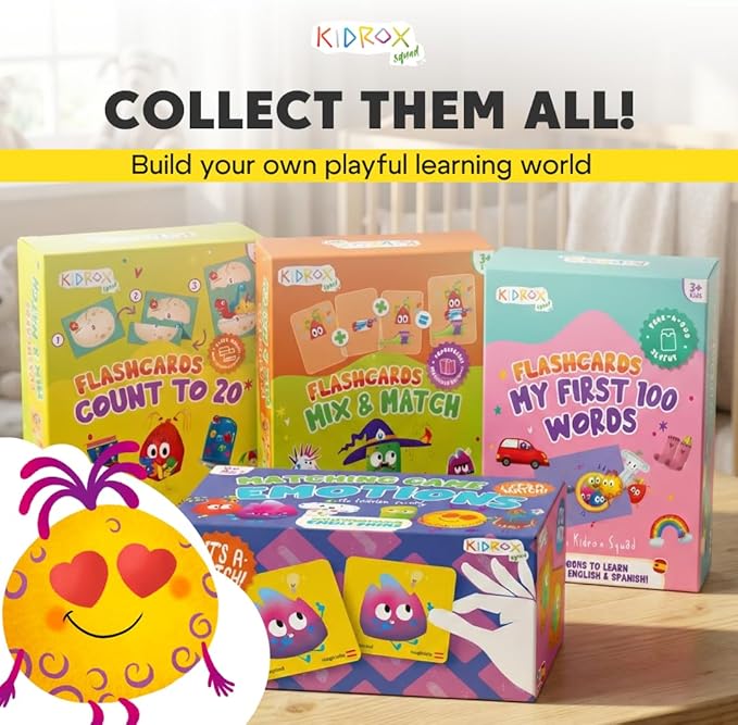 Kidrox Emotions Matching Game – Bilingual Memory Card Game in English & Spanish for Kids Ages 3+ | Learn & Mimic Emotions with Kidrox Squad | Premium Magnetic Box | 40 Tiles