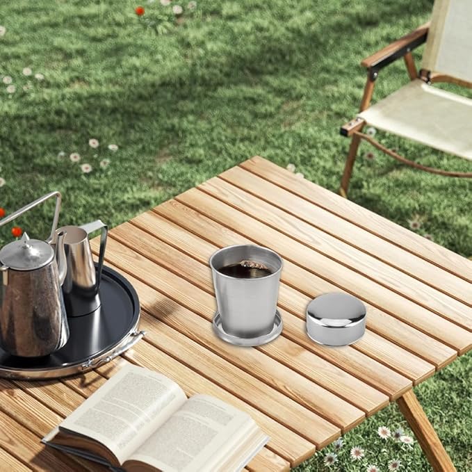 Stainless Steel Collapsible Cup, 150ml Camping Folding Cup Retractable Travel Mug with Lid Keychain Portable Drinking Outdoor Demountable Stackable Expandable Protective Cap for Hiking Picnic(M)
