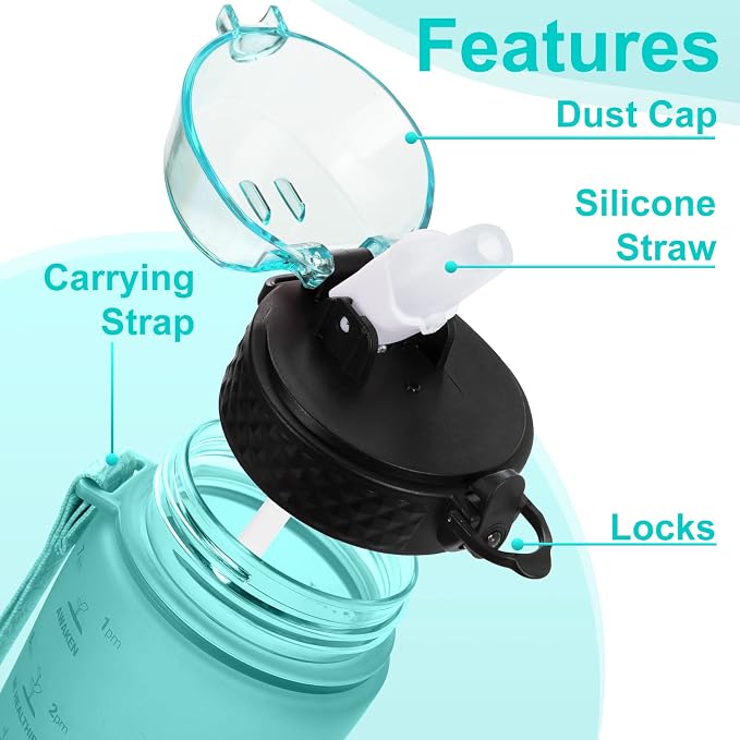 24 OZ Motivational Kids Water Bottle With Time Marker,Straw Lid,Leak Proof, Tritan BPA Free Sports Water Bottle Green(1 Lid)