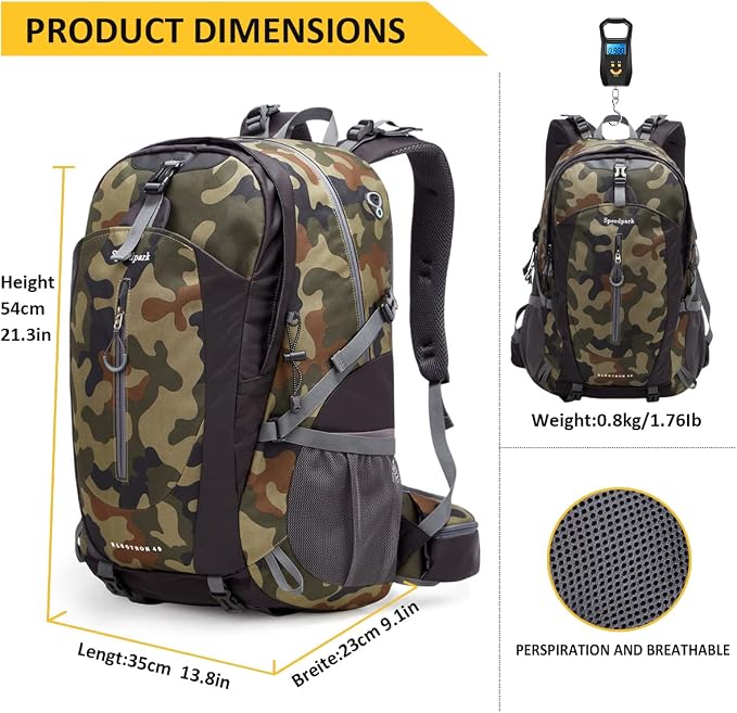 SPEEDPARK 40L Hiking Backpack, Lightweight Camping Daypack with Rain Cover | Water-Resistant Rip-Stop Nylon, Multi-Pockets, Survival Whistle. Ideal For Men, Women, Travel, Trekking