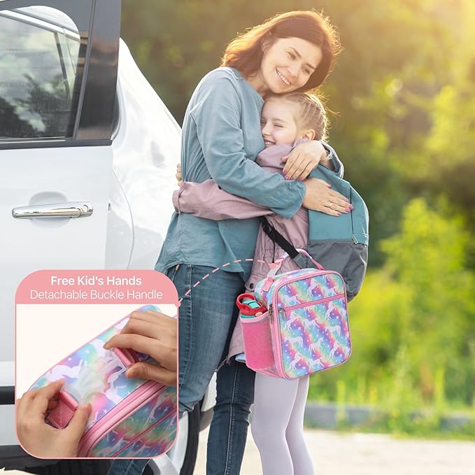 Bagseri Kids Lunch Box for Girls - Insulated Toddler Lunch Bag Fits Bento Box, Reusable Daycare Cooler Tote with Clip Handle, Water-Resistant Lining, Rainbow Unicorn