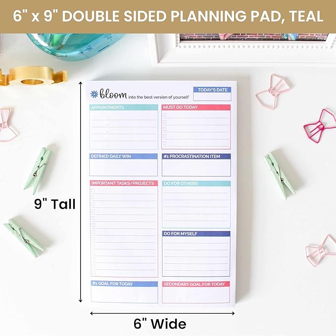 bloom daily planners Double Sided Daily To Do List Planning Pad - 80 Tear Off Sheets for Work, Home or Office Organization (Teal) - 6" x 9"