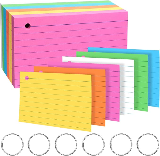 Leelosp 300 Pcs Colored Ruled Index Cards with 6 Rings 180 Gsm Thick Neon Color Study Flash Cards Single Hole Punched Lined Flashcards Studying Notecards One Side for Study(3 x 5 in,Fresh Color)
