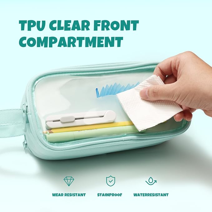 SUNEE Large Capacity Pencil Case with 3 Compartment, Extra Big Pencil Pouch, Pencil Bag with Clear Window, Pen Case School Supplies for Teens Adults Girls Boys, Mint Green