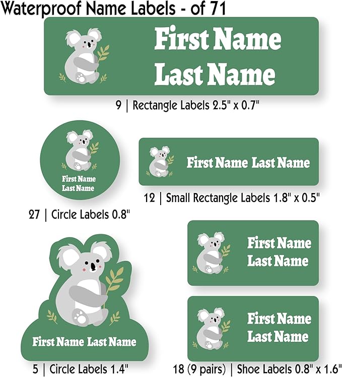 Personalized Kids Name Labels – Waterproof Custom Stickers for Daycare & School, Dishwasher & Laundry Safe (Koala - Green)