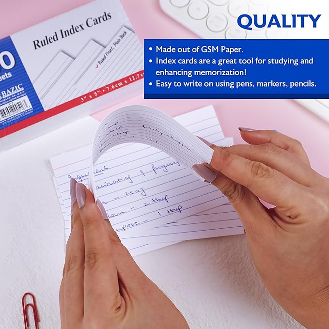BAZIC Products Ruled Index Cards, 3" x 5", 100-Count, 4-Pack