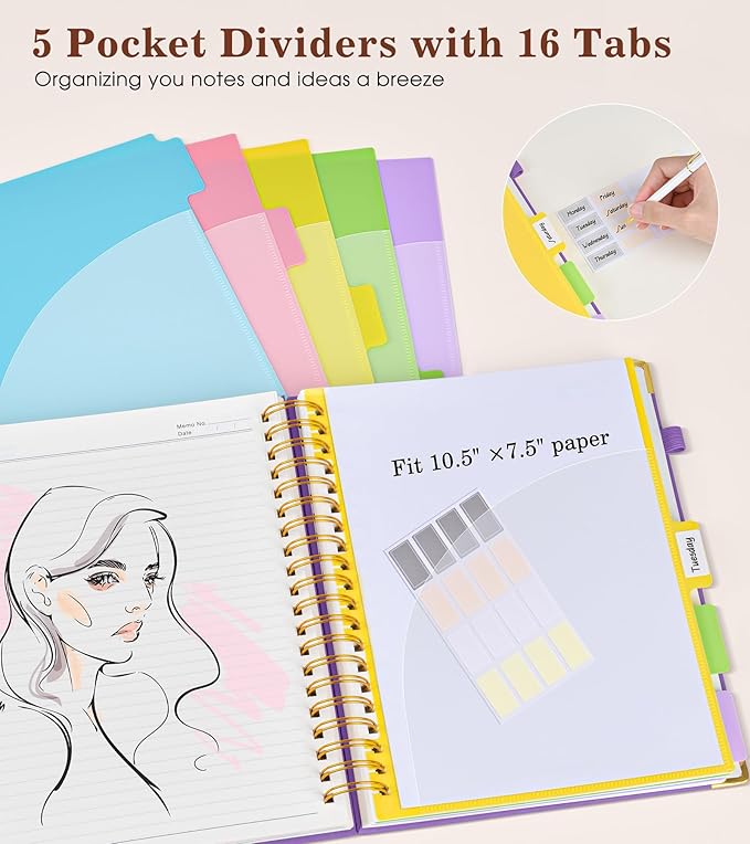 Hardcover Large Spiral Notebook 8.5" x 11" with Removable Dividers Tabs, 300 pages Leather 5 Subject Notebook College Ruled, A4 Journal for Women Men, Notebooks for Work School Note taking,Purple