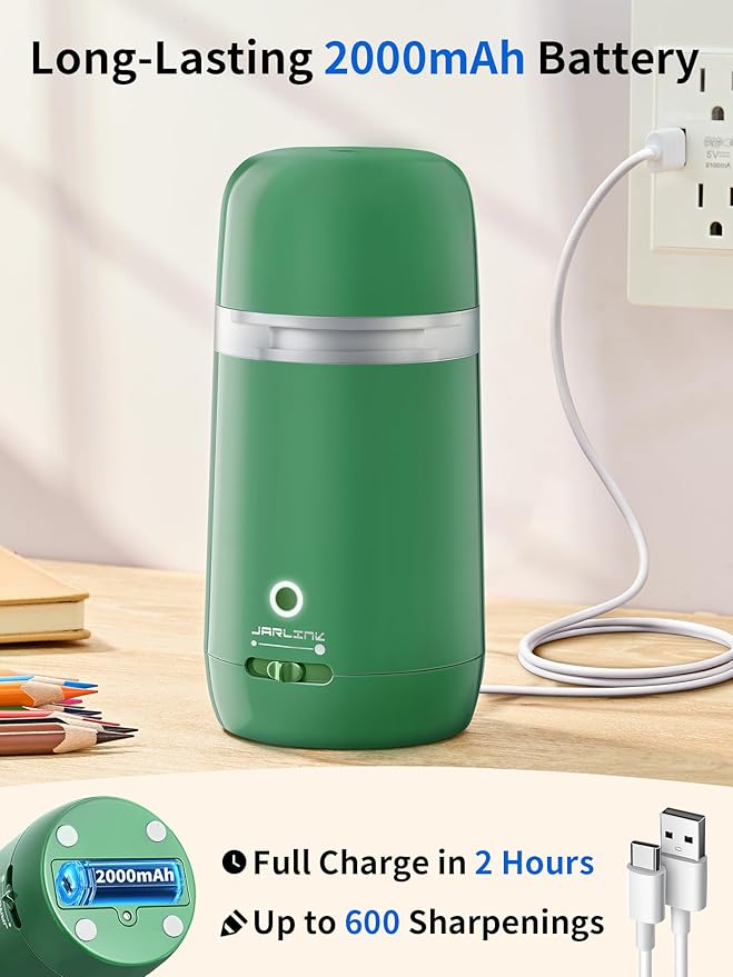 JARLINK Automatic Electric Pencil Sharpener - Hands-Free Operation, 3 Sharpness Modes, 3-Second Sharpening, Rechargeable & Portable for 7-12mm Pencils, Ideal for Classroom and Home Use (Green)
