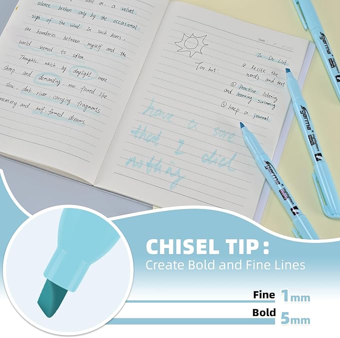 Cgerma Blue Highlighters 12 Pack, Mild Pastel Color, Chisel Tip Bible Highlighters No Bleed, Quick-Drying, Cute Aesthetic Markers for Journaling, Bible Study, School Office Supplies
