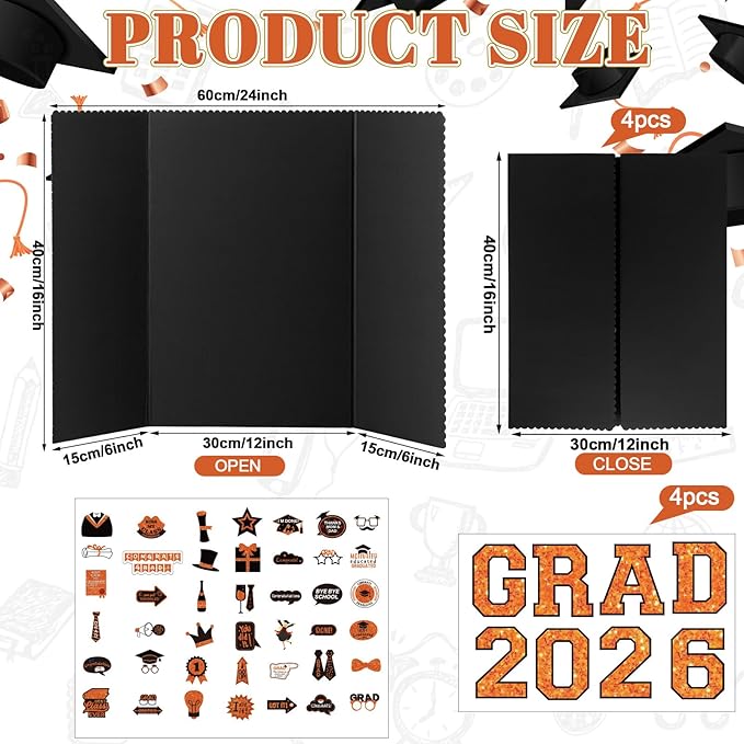 MiniInflat 4 Set 2026 Graduation Picture Trifold Poster Board Double-Sided Foldable Photo Display Board Graduation Decoration for Class of 2026 High School College DIY Craft(Orange,24 x 16 Inches)