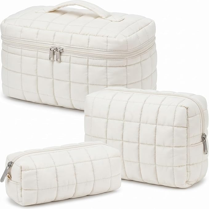 Huhumy 3 Pcs Large Puffy Makeup Bag Set Quilted Cosmetic Pouch for Women Cute Checkered Travel Toiletry Bag Puffer Makeup Organizer Purse Pouch Preppy Pencil Case with Zipper Valentine Gift(White)