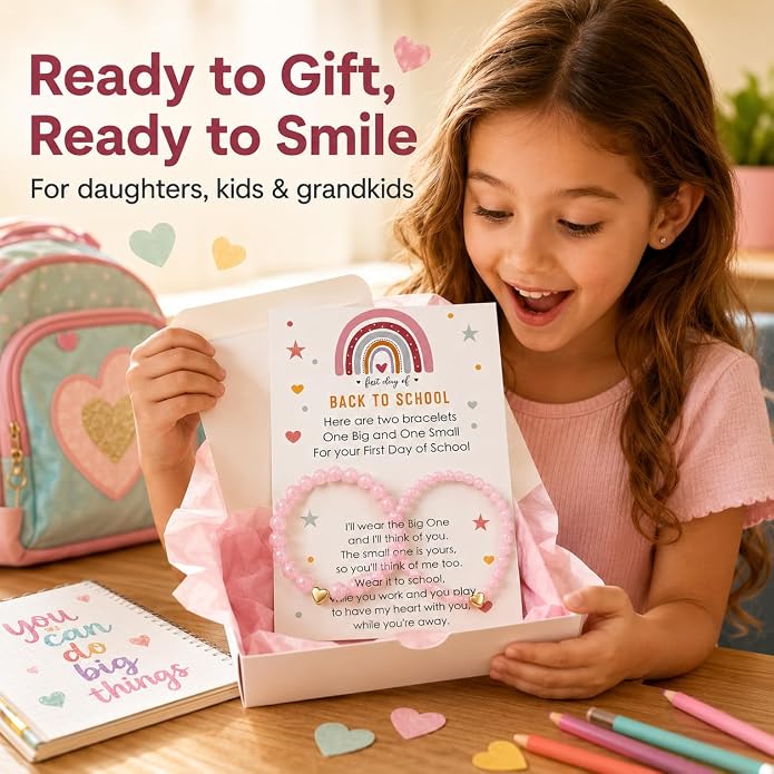 Back to School Bracelets Heart Matching Mommy and Me Elastic Wish Strings Bead Bracelets First Day of School Supplies Gifts
