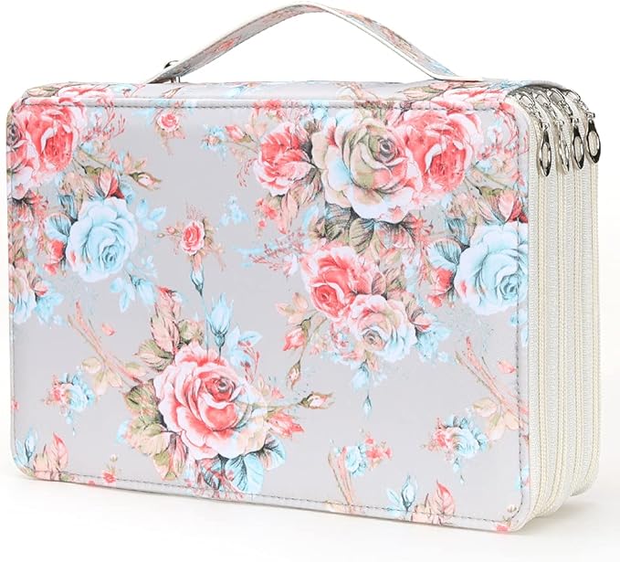 Vomgomfom 200 Slots Pencil Bag, 4-Layer Zipper Portable Art Supply Organizer, PU Leather Large Capacity Colored Pencil Case with Handle for 200 Watercolor Pens, Gel Pens (Gray Rose)