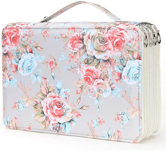 Vomgomfom 200 Slots Pencil Bag, 4-Layer Zipper Portable Art Supply Organizer, PU Leather Large Capacity Colored Pencil Case with Handle for 200 Watercolor Pens, Gel Pens (Gray Rose)