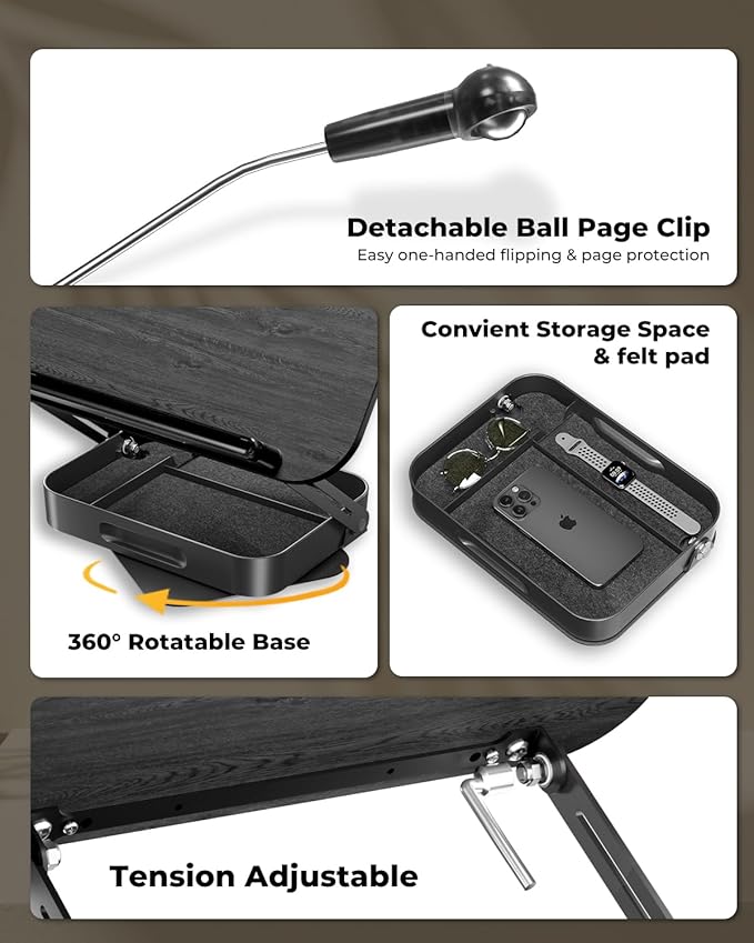 Adjustable Book Stand with Storage Drawer, 360° Rotating Book Holder, Height & Angle Adjustable, Extra-Wide Page Clips for Thick Books, Wood & Aluminum Book Stand for Desk, Study, Kitchen