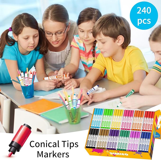 OSIMIG Washable Markers Bulk, 240 Count, 12 Assorted Colors, Markers for Classroom, Broad Line Conical Tip, Large Capacity, School Art Supplies for Kids