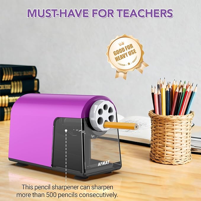 AFMAT Electric Pencil Sharpener for Classroom, 6 Holes, Cordless & Rechargeable, Fast Sharpen, Auto Stop, 10K+ Uses, Heavy Duty Pencil Sharpener for 6-11mm No.2/Large/Colored Pencils PSD2(Purple)