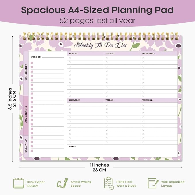 Weekly To Do List Notepad with 52 Undated Sheets（8.5"×11"）- Weekly Desk Planner for Women & Man, Work and Home - Lilac Whisper