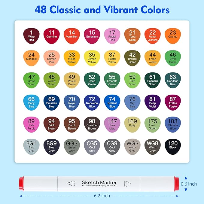 HOMESILMO-48 Color Double Head Alcohol Marker Set, Fine Chisel, Dual Effect Design, Art Marking, Professional Painting Marking, Adult Coloring Book | Coloring | Painting |, Artist Set.