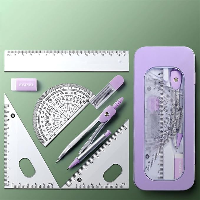 Drawing Compass Drafting Tools 7 Pieces Math Geometry Kit Set Student Supplies School Geometry Set Including Ruler, Protractor, Compass, Lead Lead, Window Box and etc Math
