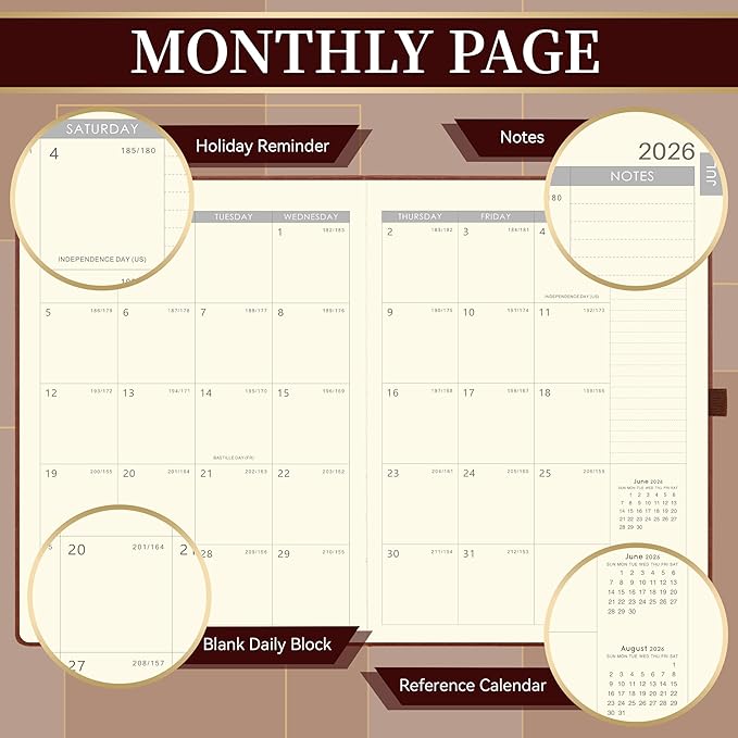 Vondafe 2026-2027 Planner - Weekly and Monthly Planner 2026-2027, Jul. 2026 - Jun. 2027, 9" x 11", 26-27 Calendar Planner with Inner Pocket + Elastic Closure + Pen Loop + Bookmarks, Leather Hardcover - Brown