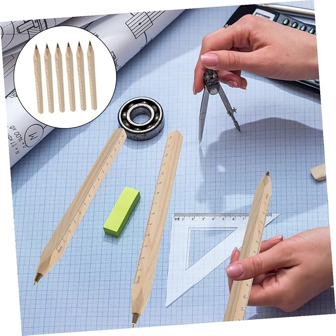 ARTIBETTER 6pcs Black Ballpoint Ink Wood Pens with Ruler Printing, Natural Biodegradable Solid Wood Carpenter Pens for Industrial Drawing and Office Use