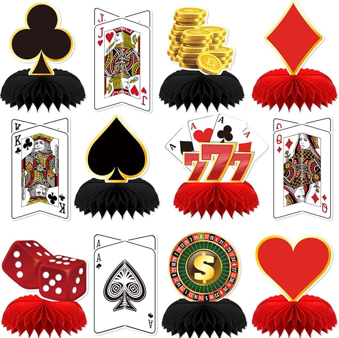12Pcs Casino Theme Party Decorations, Casino Centerpieces for Tables 3D Red Black Honeycomb Centerpieces Topper Poker for Las Vegas Themed Birthday Game Night Casino Poker Party Supplies