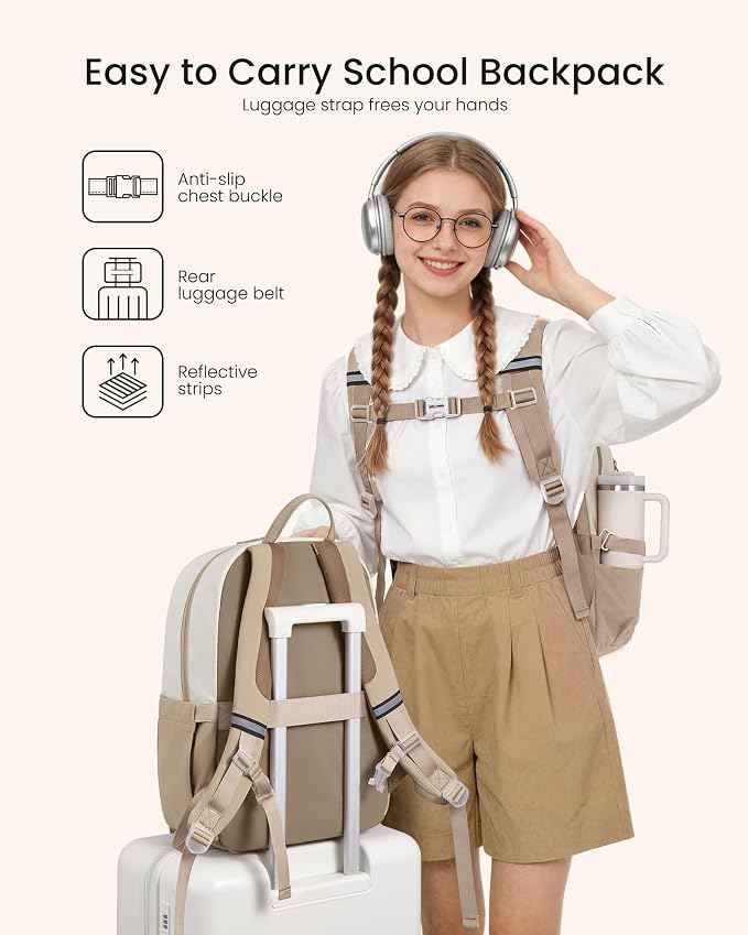 LOVEVOOK School Backpack for Teen Girls & Women,Laptop Backpack with Water Bottle Holder,Lightweight Work College Bookbag,Student Backpack for Middle High School,Beige-Khaki