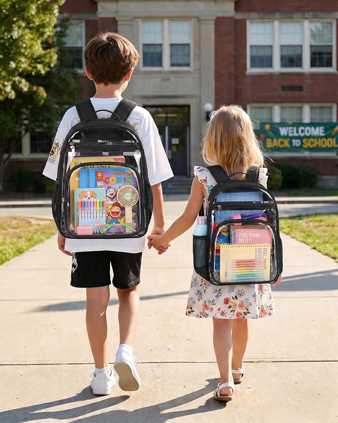 Soimeat Clear Backpack for Girls Boys - Large Kids Clear Bookbag - Fabric & PVC Transparent Backpacks for Elementary School, Black