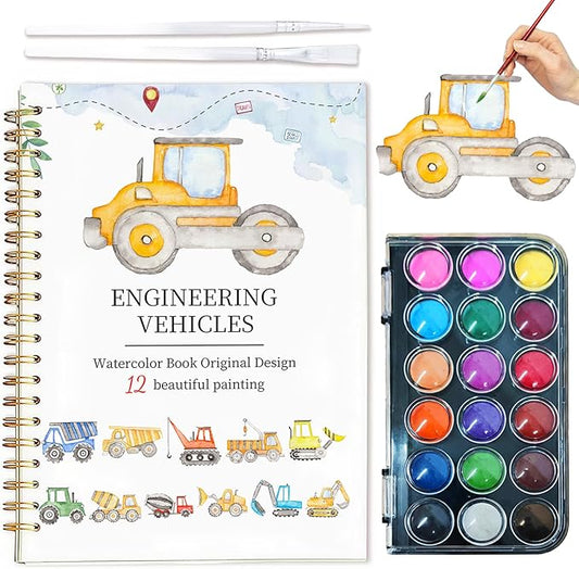 Easy Watercolor Workbook for Beginners - 12 Beautiful Step-by-Step Paintings Water Coloring Book, Includes 18 Colors Paints, Relaxing Art Projects and Creative Gift for Adults (Construction Vehicles)