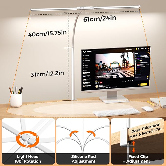 SKYLEO LED Desk Lamp with Clamp - Double Head Desk Light with Remote and Touch - Eye Protection - 12 W, 5 Color Modes, Timer and Memory Function, Flexible Gooseneck - for Office, Reading - White