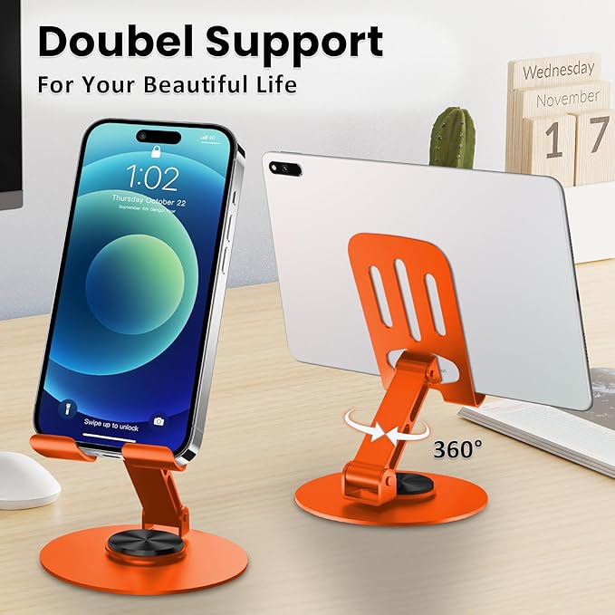 Universal Metal Cell Phone Stand, Multi-Angel Adjustable 360° Rotation Non-Slip Metal Phone Stand Compatible with iPhone 17 16 Pro Max and All Smartphones (Orange&Orange)