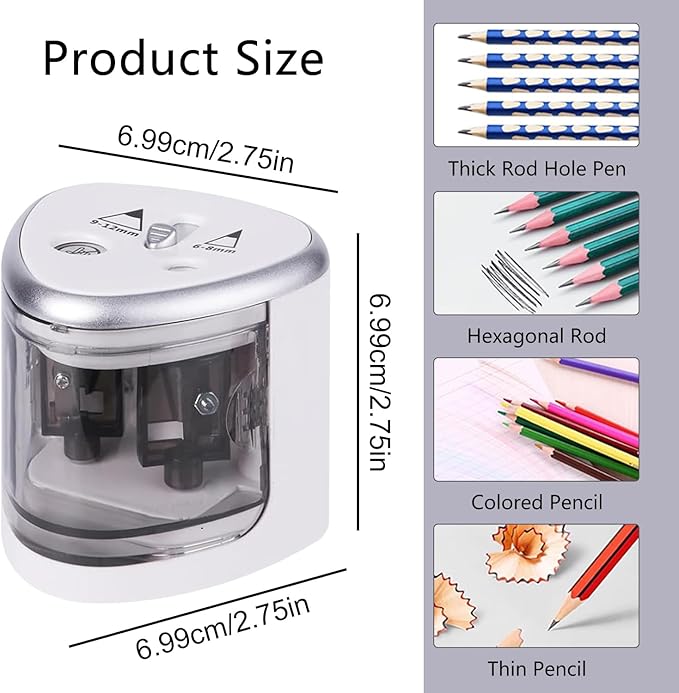 Electric Pencil Sharpener, Automatic Battery Operated Pencil Sharpeners with 2 Holes for Office School Artists Adults Kids Use, Suitable for No.2 and 6-12mm Pencils